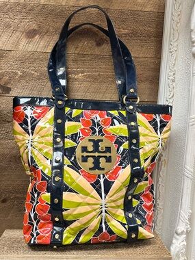 Tory Burch Floral Patent Leather Tote Bag Gold Logo